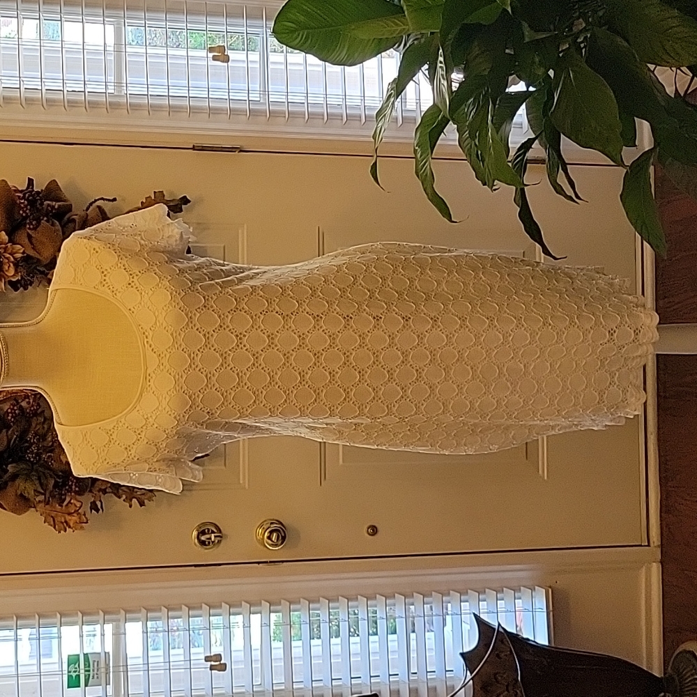 Ronni Nicole white lace circles short sleeve fully lined stretch dress 12 EUC…